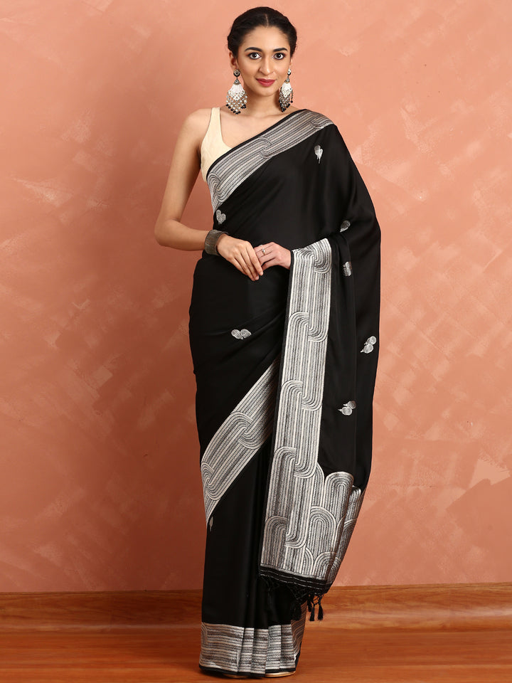 Black Banaras Silk Saree With Silver Zari Motifs & Border