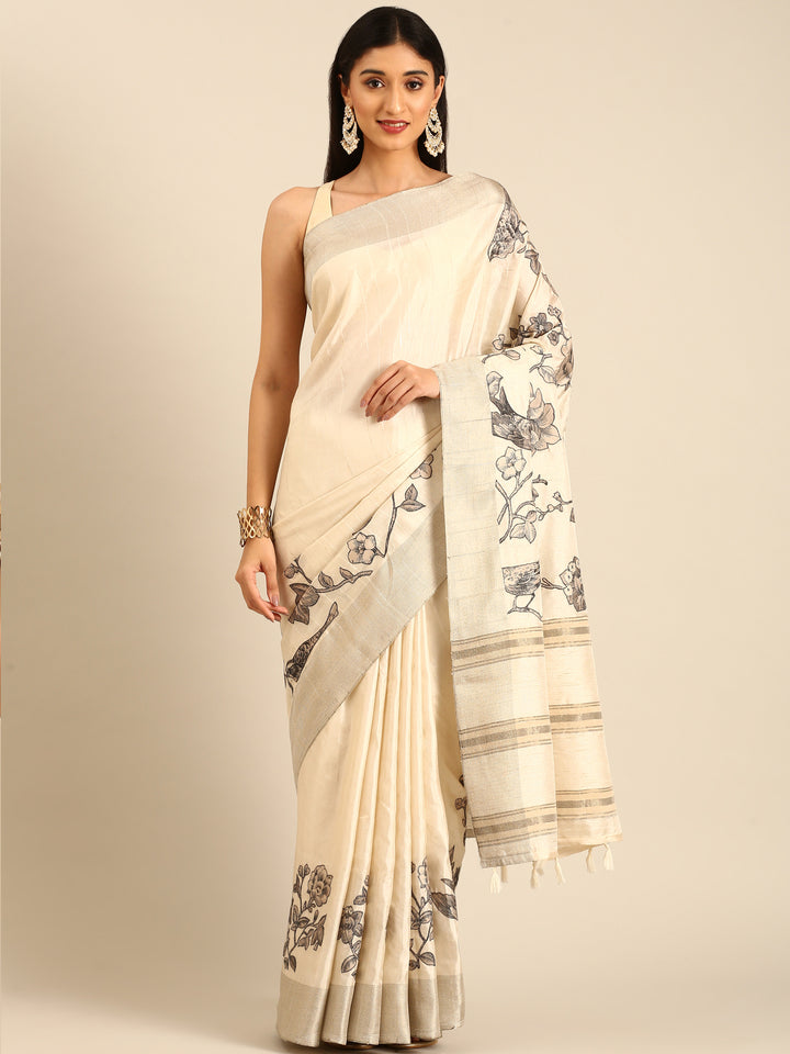 Cream Natural Dupion Saree With Floral Print
