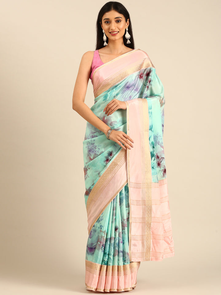 Blue Mysore crepe saree with Zari contrast border