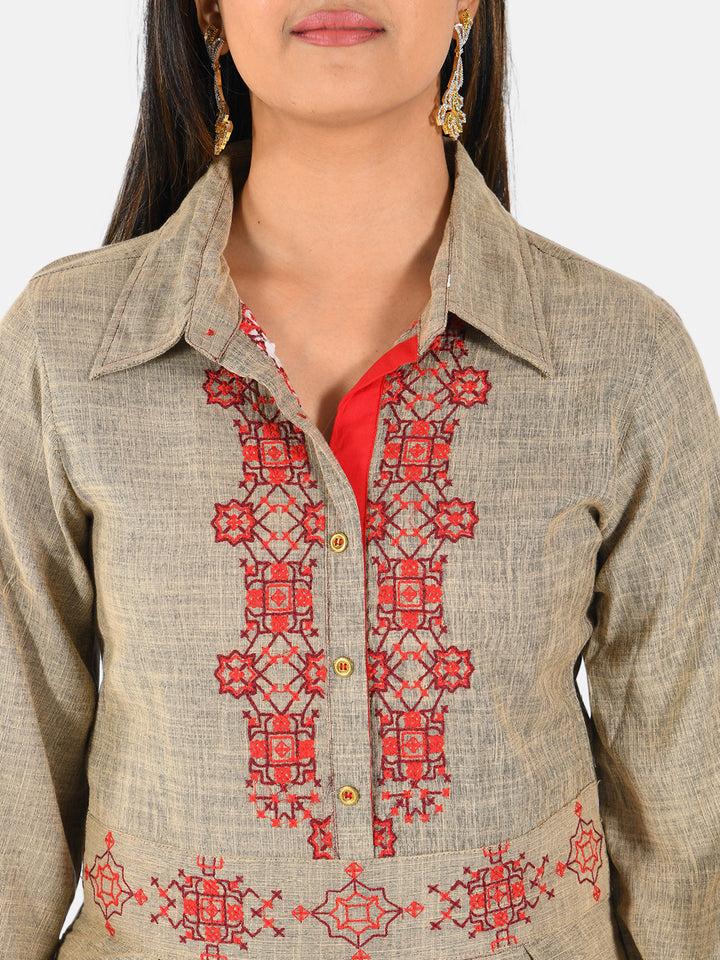 Neerus Beige rayon embroidered A-line kurti - detail view 1