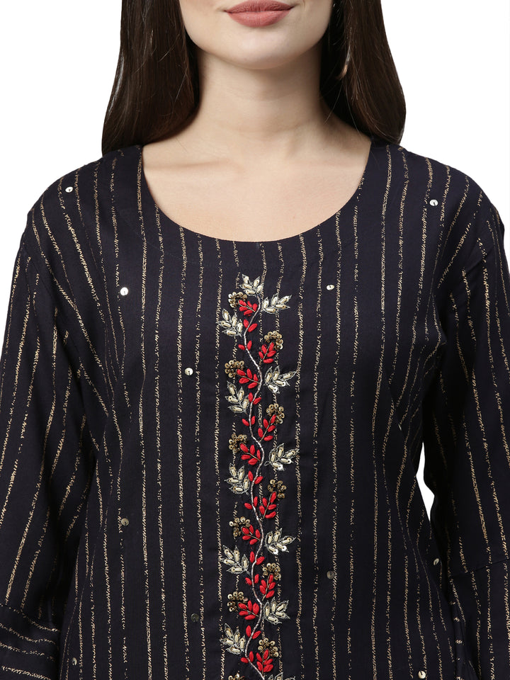 Neerus Women Navy Blue Striped Bell Sleeves Kurta