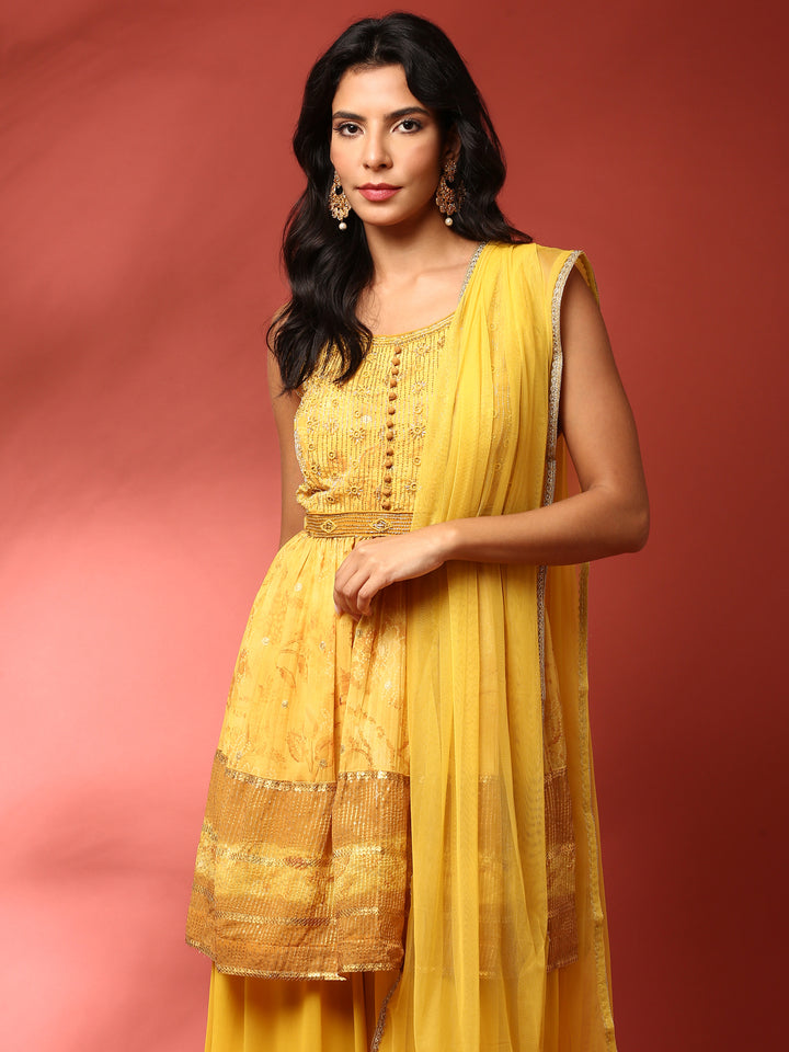 Yellow georgette embroidered peplum and palazzo Three piece set
