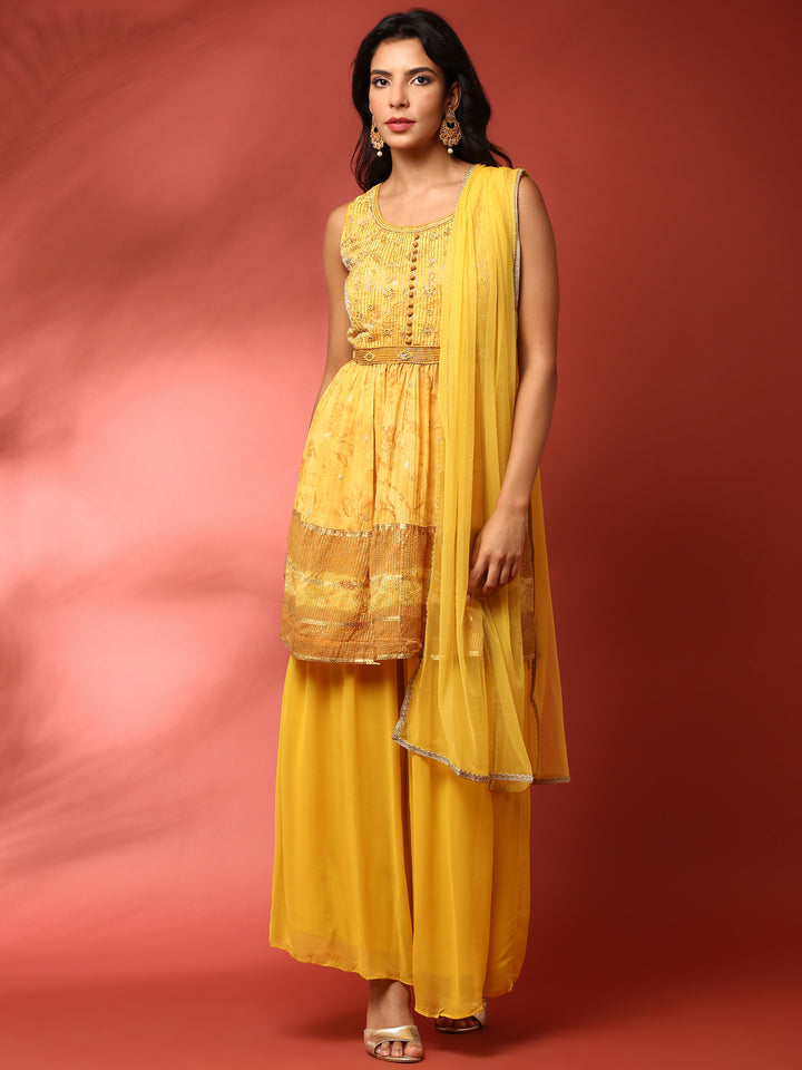Yellow georgette embroidered peplum and palazzo Three piece set