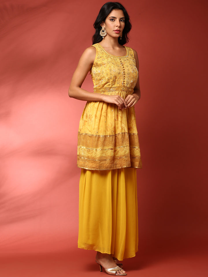 Yellow georgette embroidered peplum and palazzo Three piece set