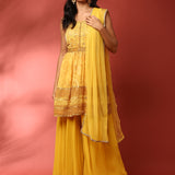 Yellow georgette embroidered peplum and palazzo Three piece set