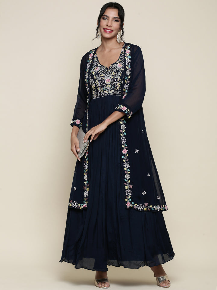 Peacock Georgette resham embroidered anarkali with jacket