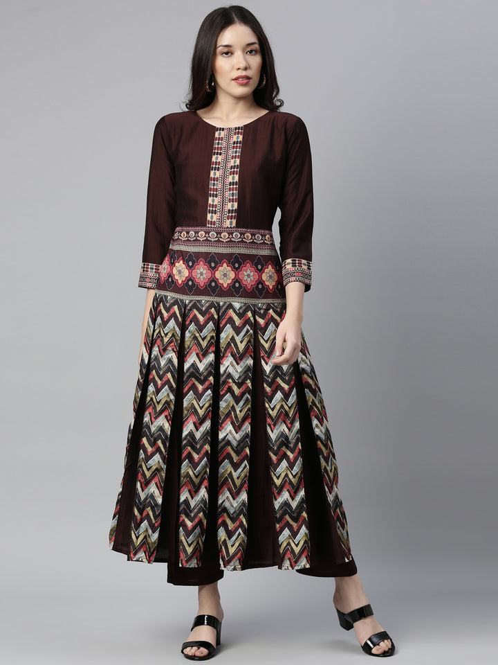 Neerus Brown silk printed panelled kurta set - front view