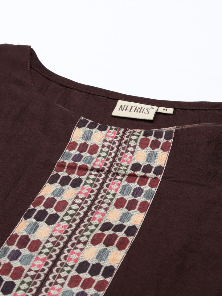 Neerus Brown silk printed panelled kurta set - detail view 1