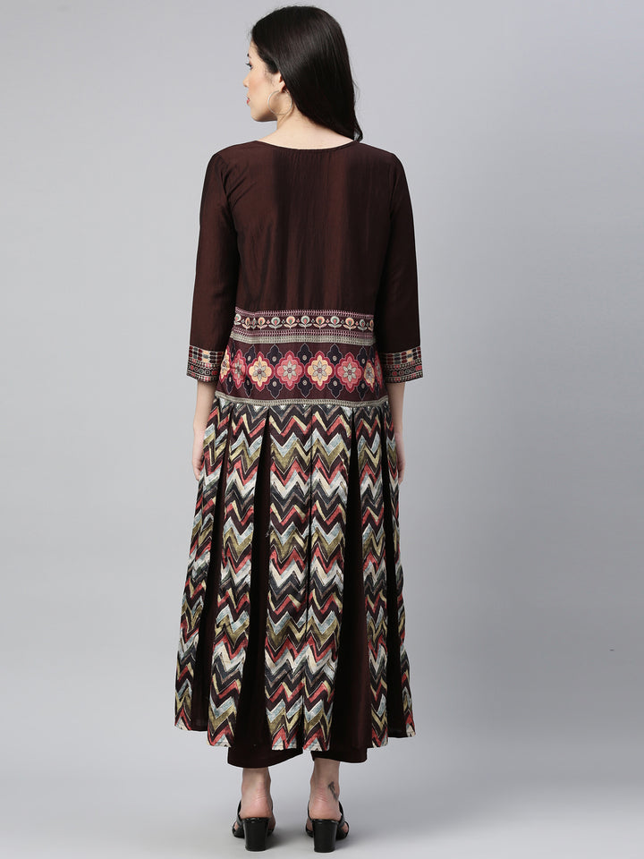 Neerus Brown silk printed panelled kurta set - side view