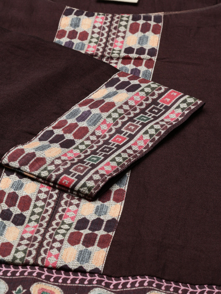 Neerus Brown silk printed panelled kurta set - detail view 2