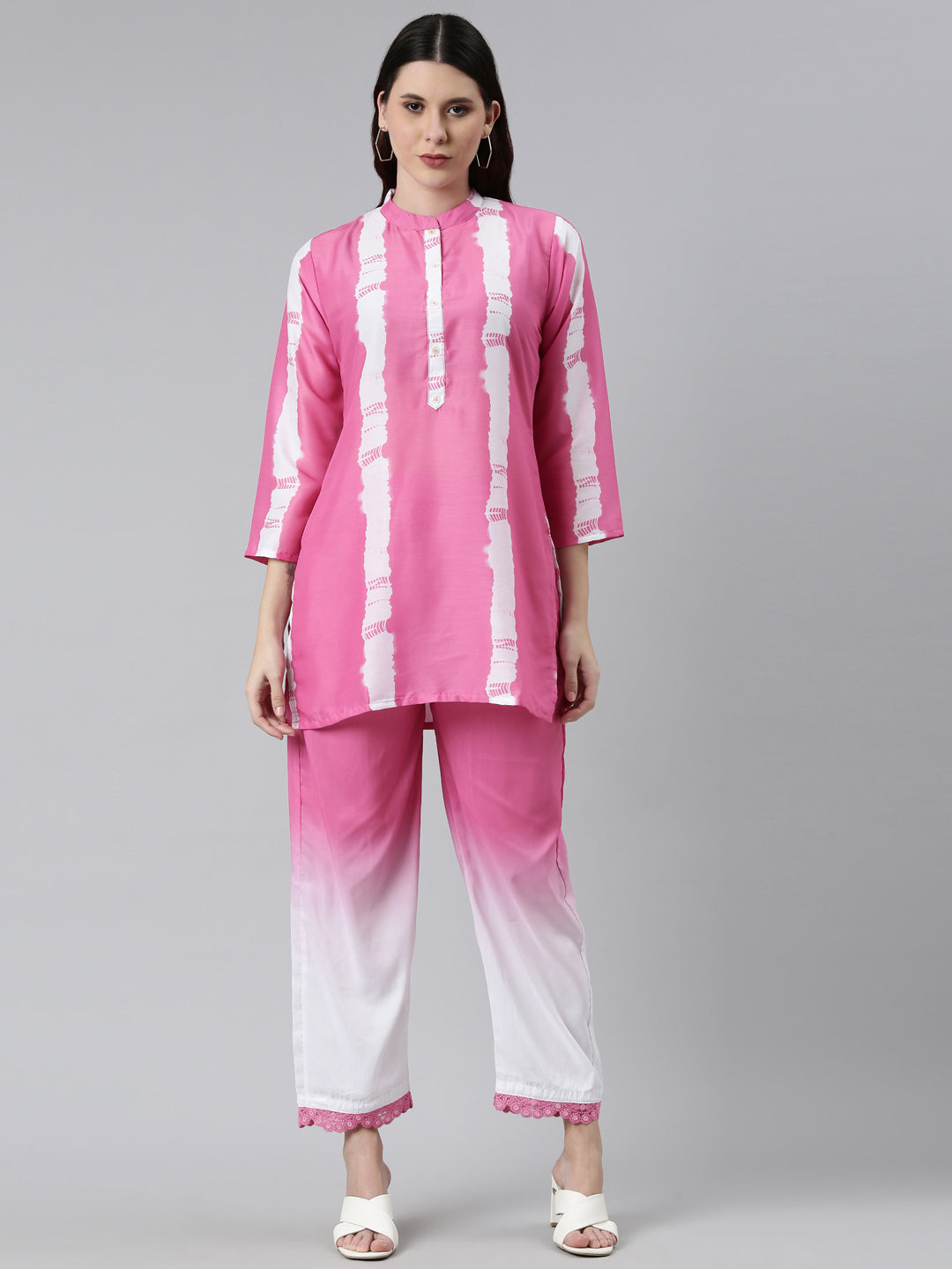 Neerus Pink straight kurta co-ord set with trouser - front view