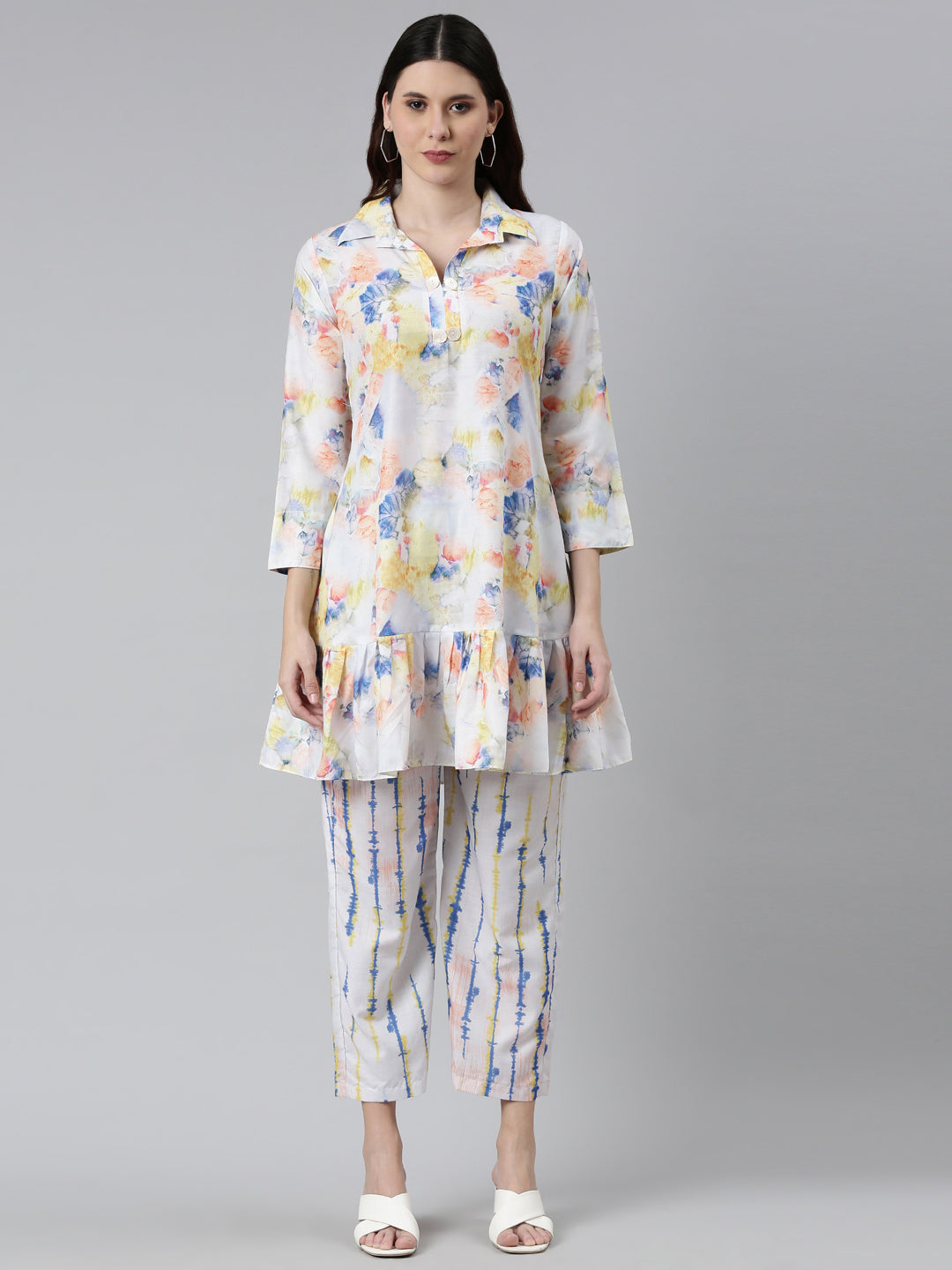 Neerus White printed co-ord set straight silhouette - front view