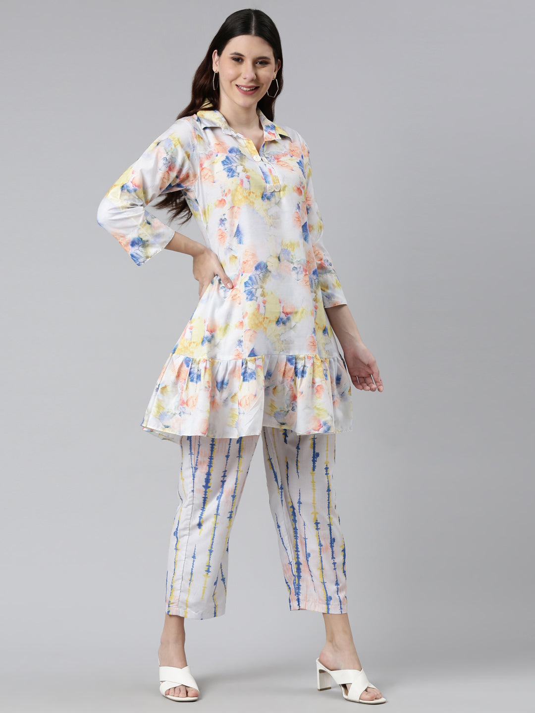 Neerus White printed co-ord set straight silhouette - detail view 2