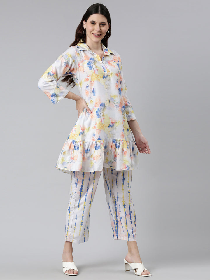 Neerus White printed co-ord set straight silhouette - detail view 2