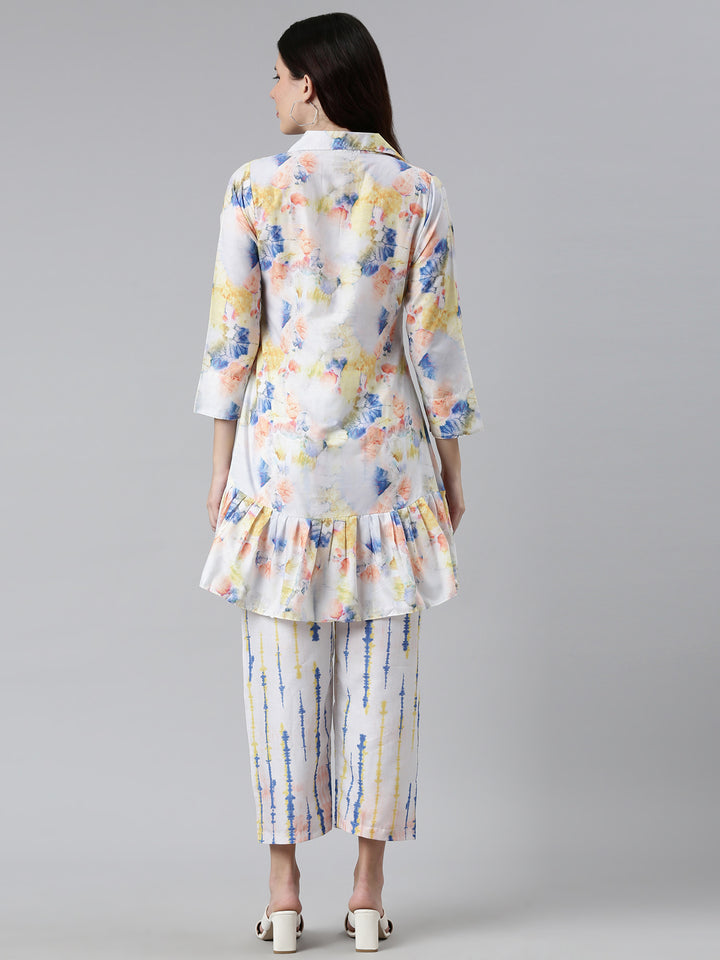 Neerus White printed co-ord set straight silhouette - side view