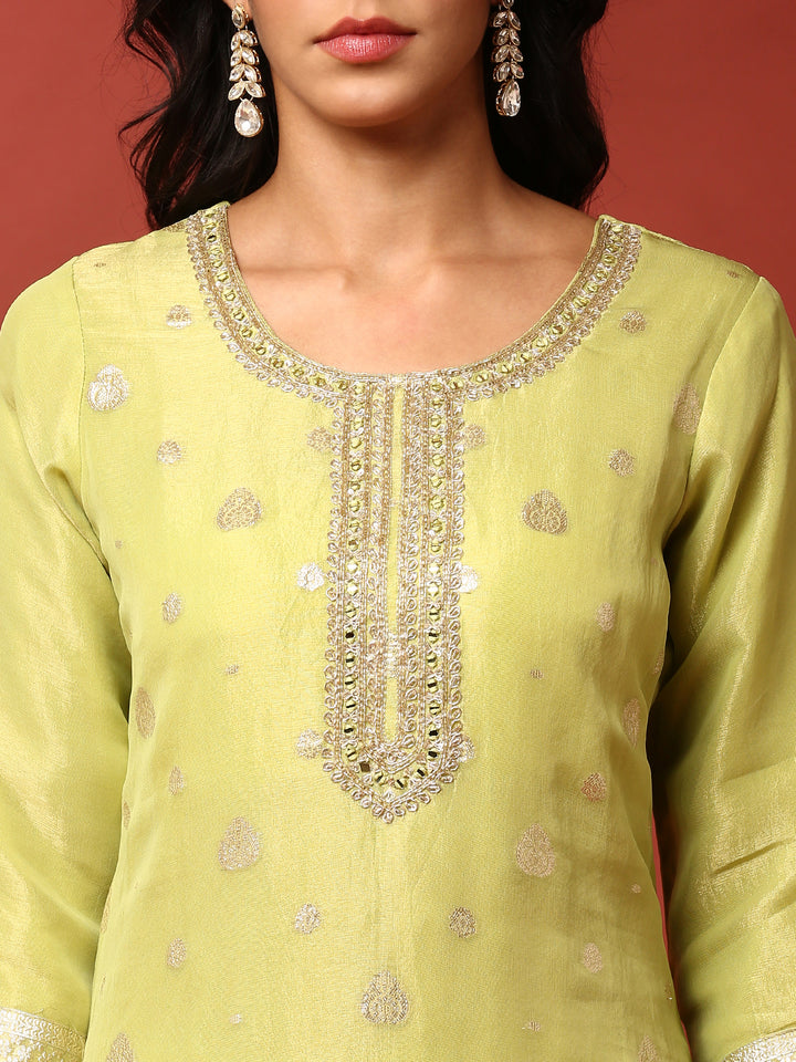 Pista Green Tissue Hand Embroidered three Piece suit set