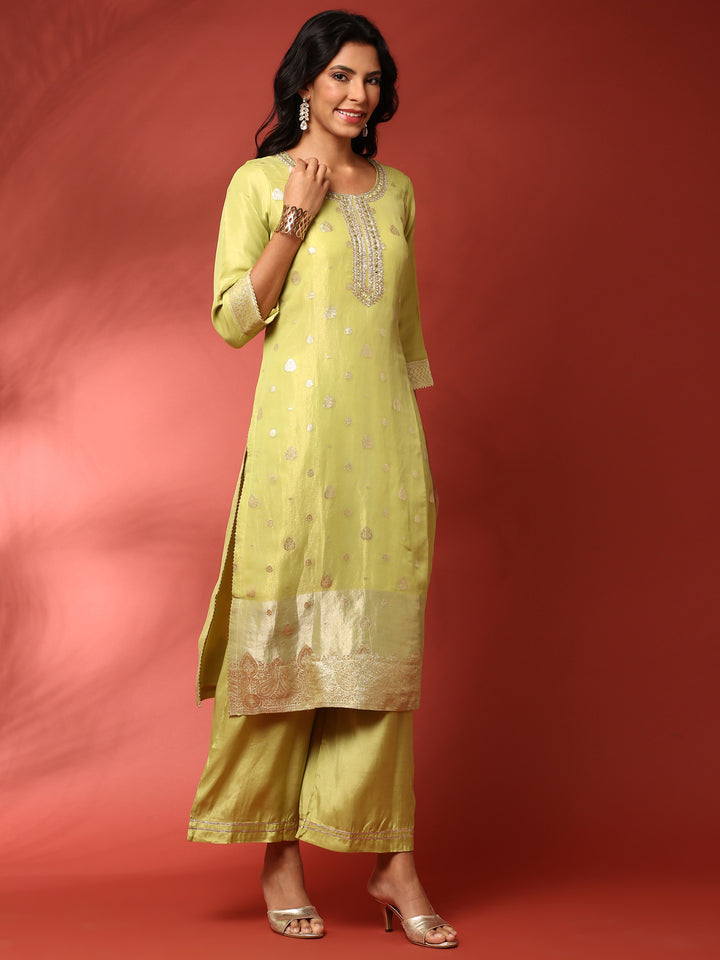 Pista Green Tissue Hand Embroidered three Piece suit set