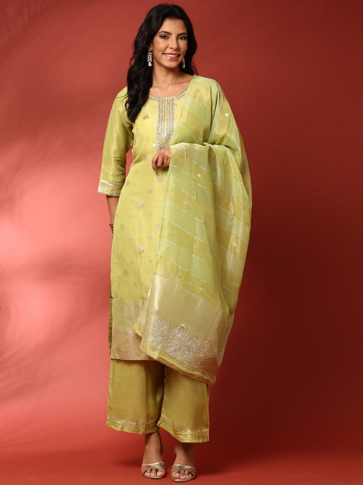 Pista Green Tissue Hand Embroidered three Piece suit set