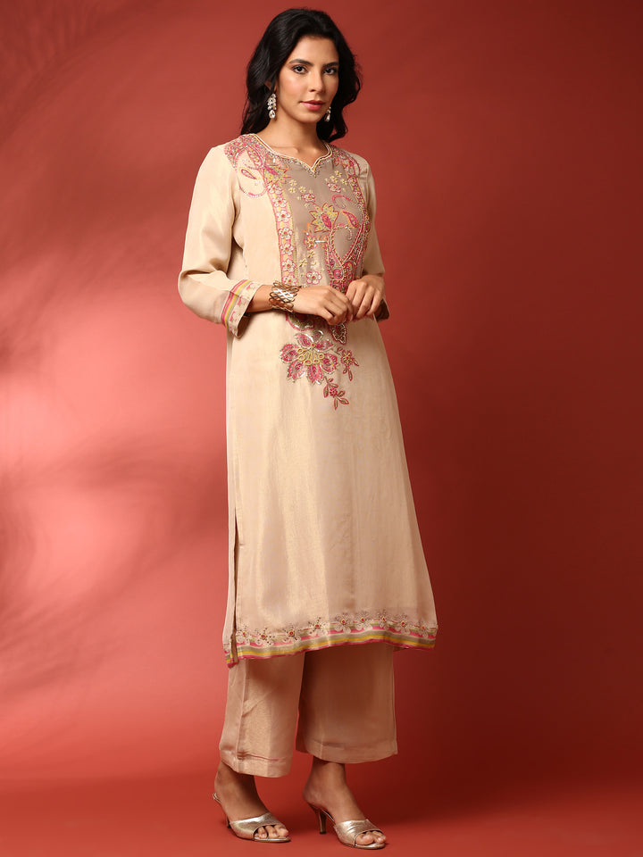 Gold Beige Tissue Aplique work three piece suit set