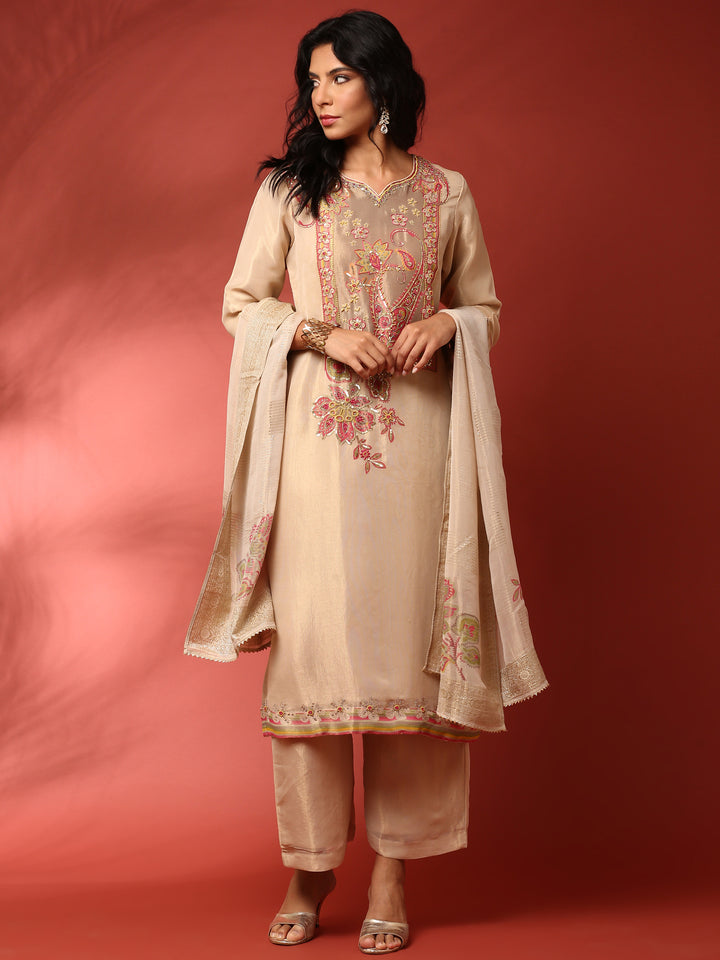 Gold Beige Tissue Aplique work three piece suit set