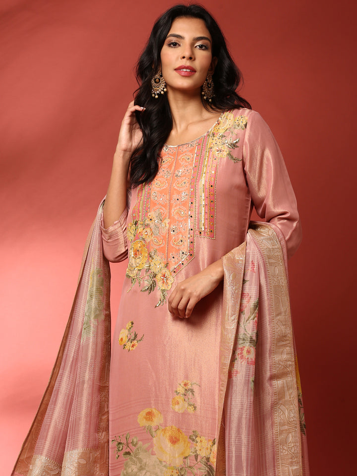 Onion pink tissue hand embroidered three piece suit set