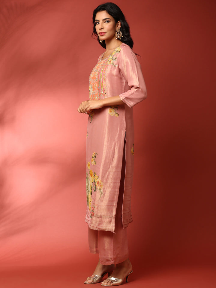 Onion pink tissue hand embroidered three piece suit set