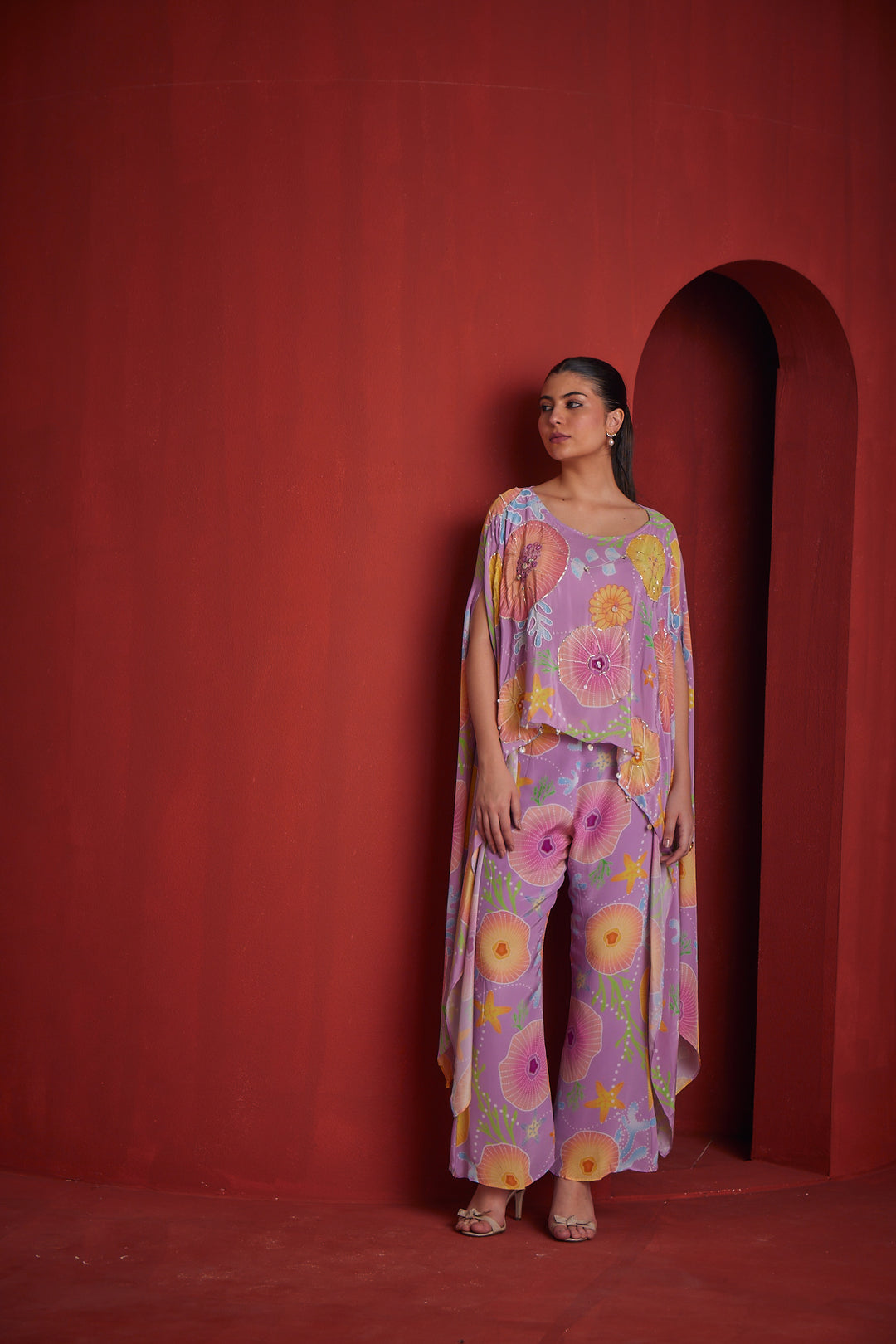 Neerus Pink crepe co-ord set - back view