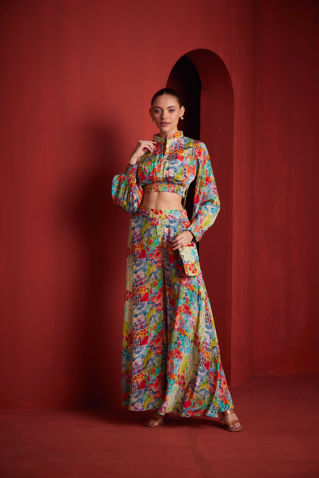 Neerus Multi chinon printed co-ord set - front view