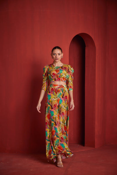 NEERUS WOMENS YELLOW COLOR CREPE FABRIC CO-ORDS SET
