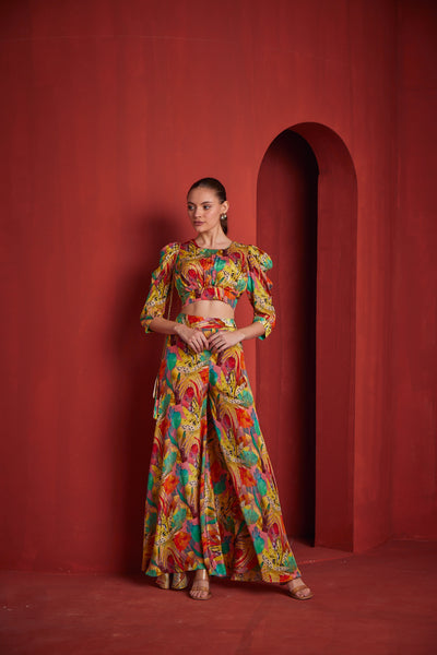 NEERUS WOMENS YELLOW COLOR CREPE FABRIC CO-ORDS SET
