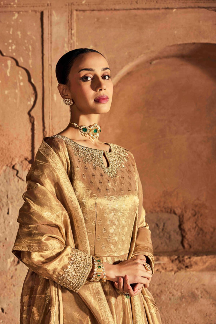 Neerus Gold Embroidery Work Tissue Fabric Anarkali and Palazzo With Dupatta