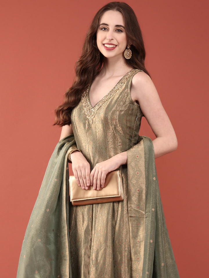 Sea Green Banaras Silk Anarkali Set