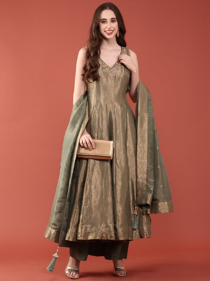 Sea Green Banaras Silk Anarkali Set