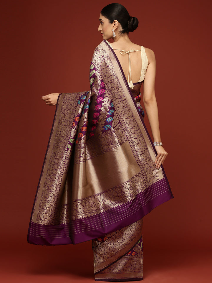 Neerus Maroon Banarasi woven saree - side view
