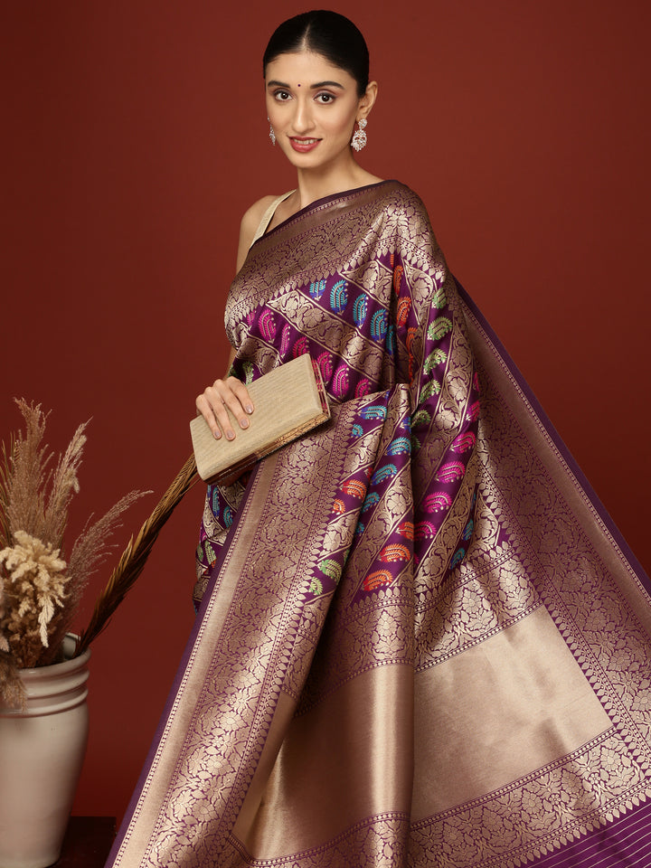 Neerus Maroon Banarasi woven saree - back view