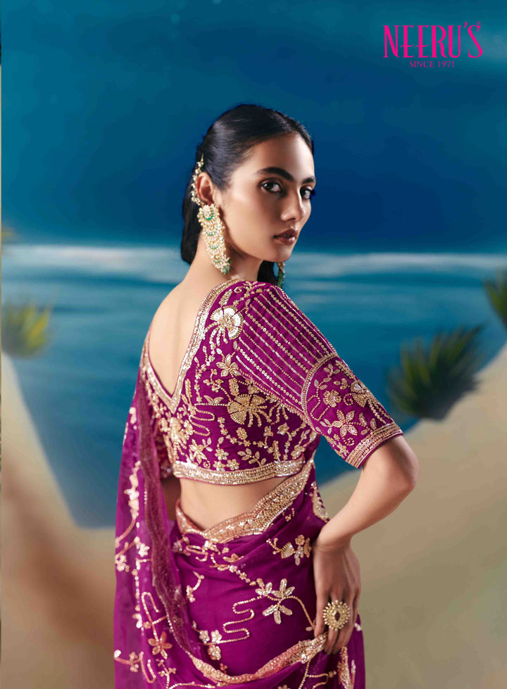 Magenta Tissue Saree With Heavy Stone And Hand Embroidery Work