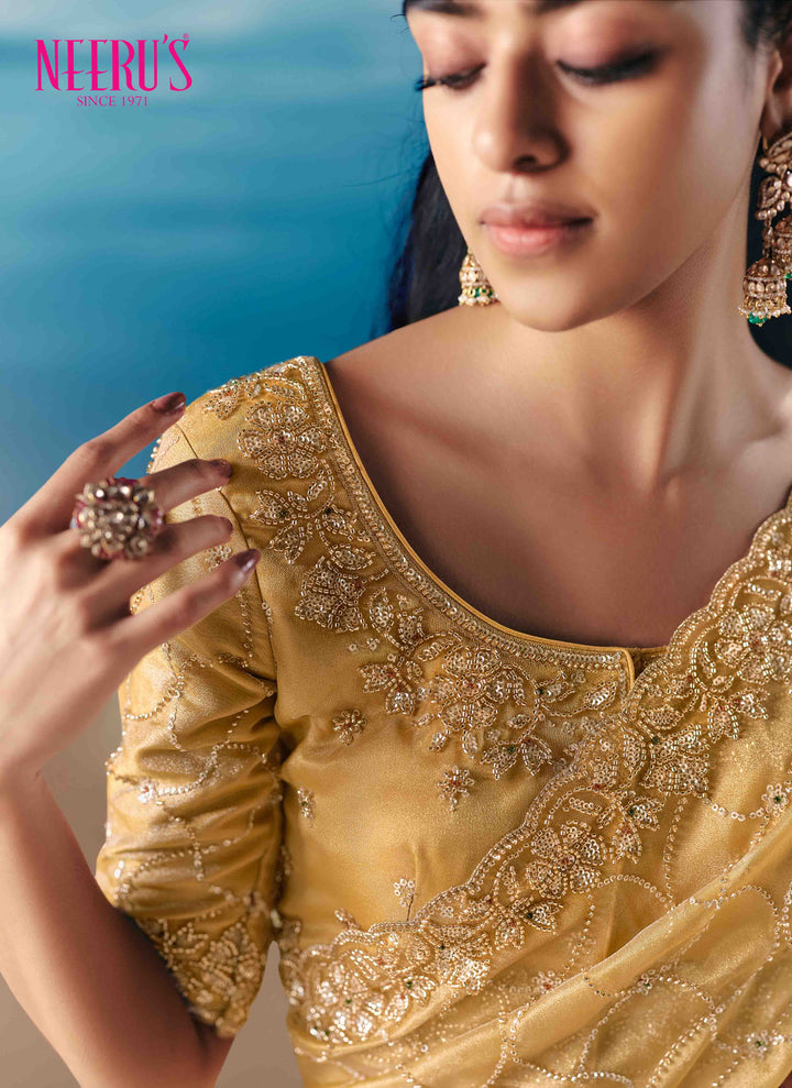 Yellow Tissue Saree With Heavy Hand Embroidery And Floral Stone Work