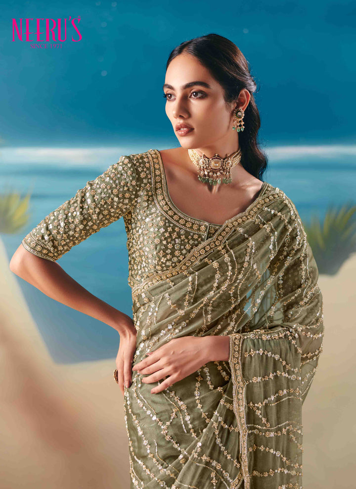 Mehadi Green Tissue Saree With Heavy Hand Embroidery Work