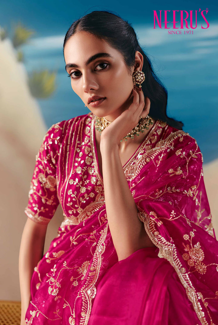 Rani Pink Tissue Saree With Heavy Sequins And Hand Embroidery Work