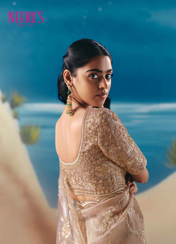 Gold Tissue Saree With Hand Embroidery And Floral Sequins Work