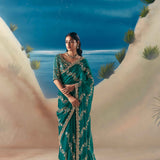 Rama Green Tissue Saree With Hand Embroidery And Heavy Sequins Work