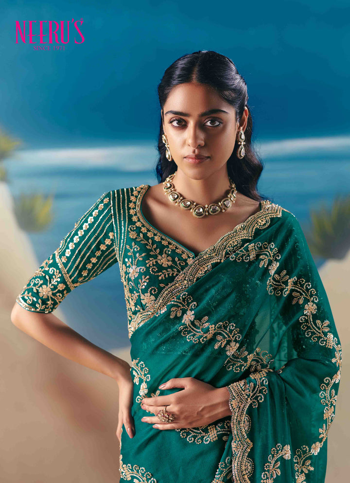 Rama Green Tissue Saree With Hand Embroidery And Heavy Sequins Work