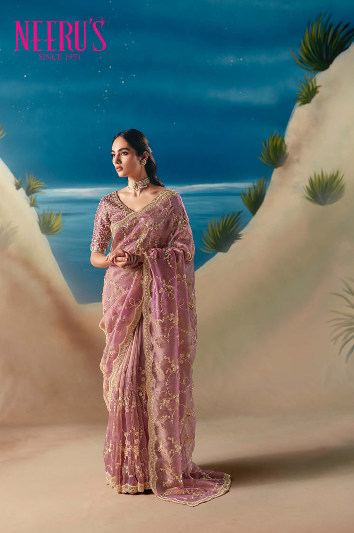 Peach Tissue Saree With Hand Embroidery And Stone Work