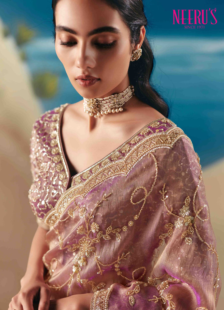 Peach Tissue Saree With Hand Embroidery And Stone Work