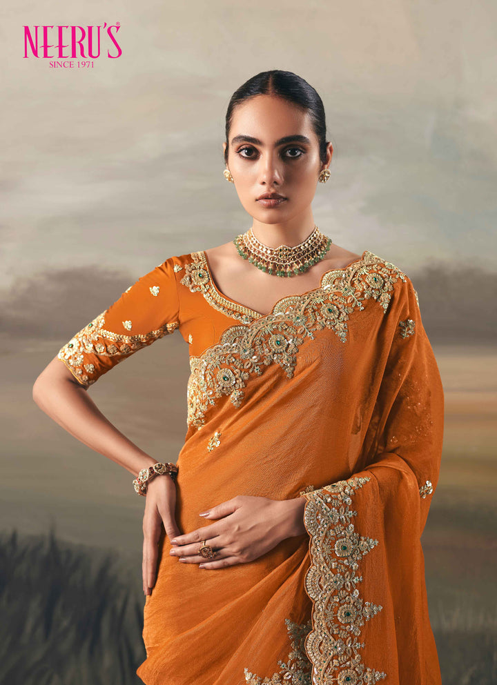 Orange Tissue Saree With Heavy Sequins Work