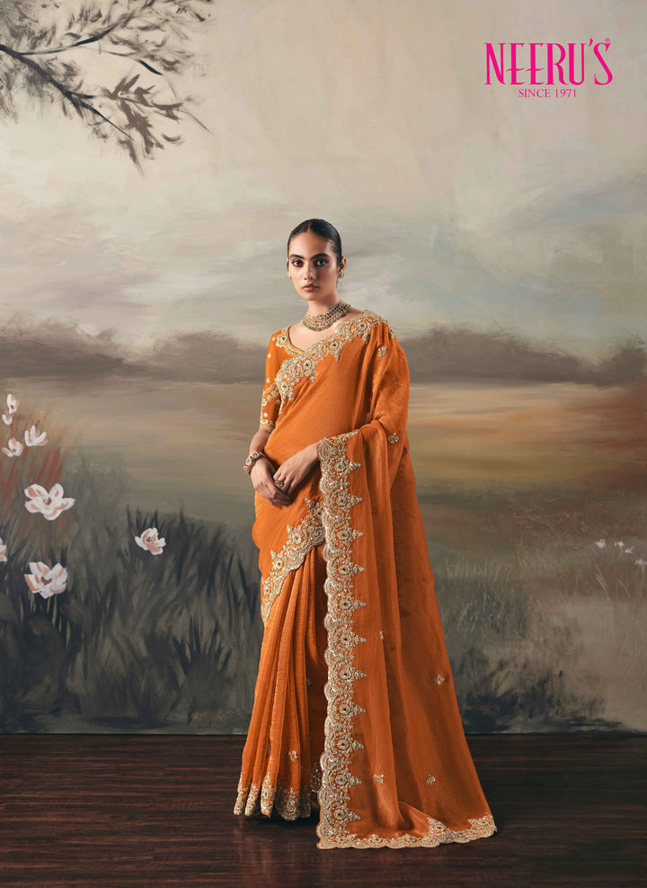 Orange Tissue Saree With Heavy Sequins Work