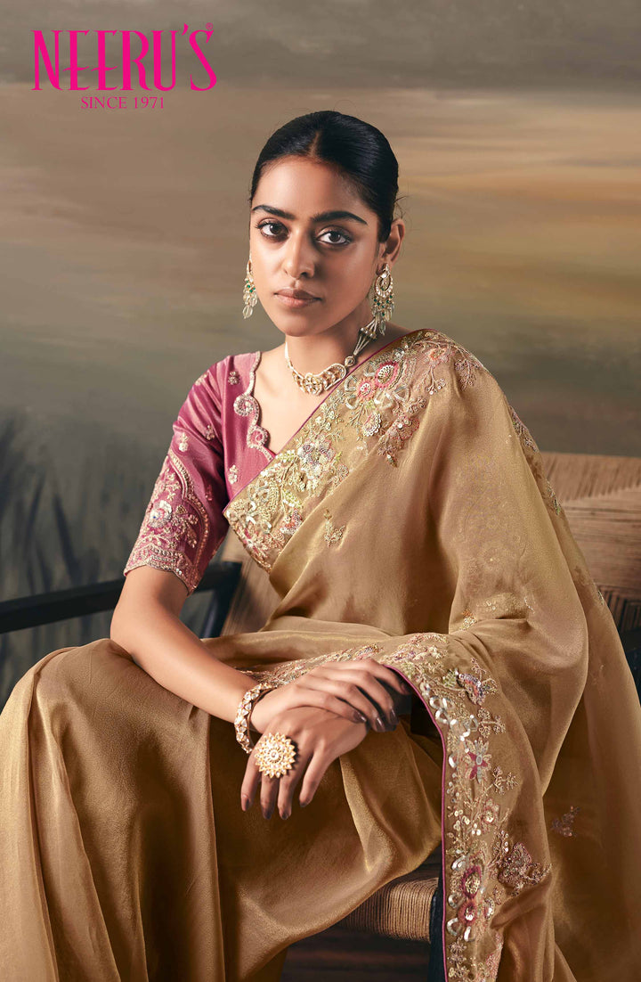 Onion Pink Tissue Fabric Heavy Hand Embroidery Saree