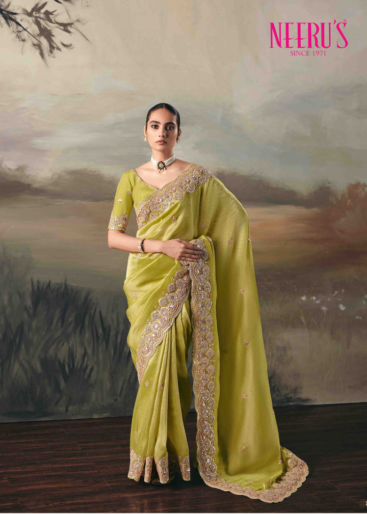 Pista Green Tissue Saree With Heavy Sequins Work