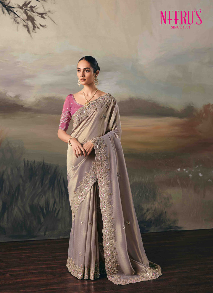 Lilac Tissue Saree With Heavy Zari And Sequins Work