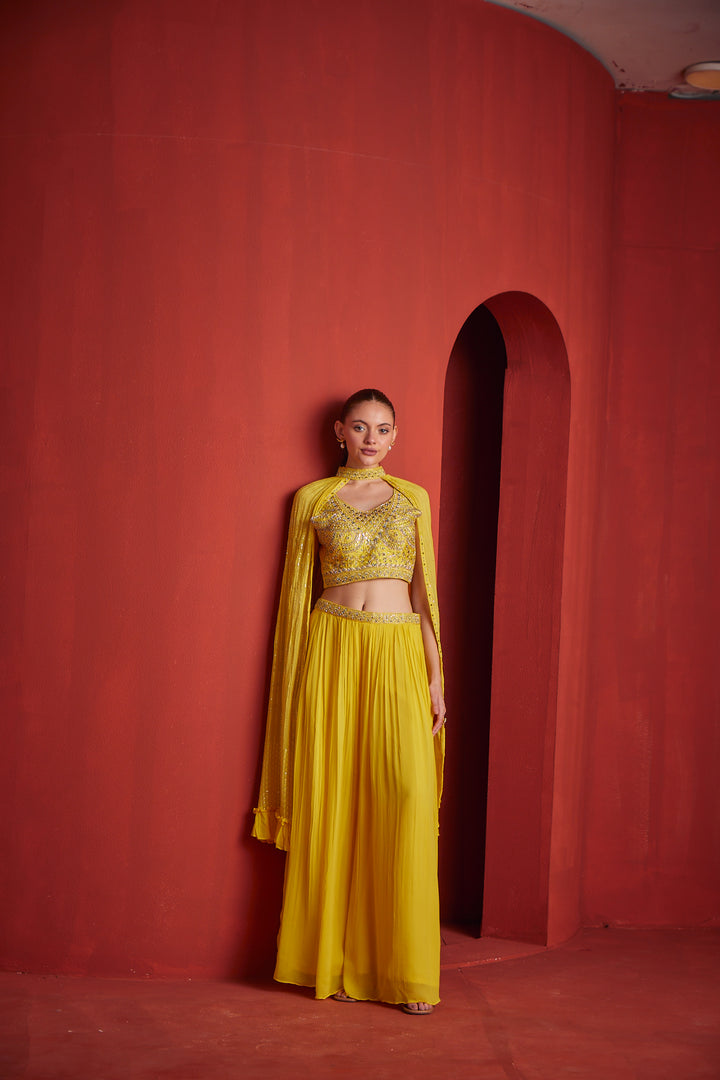 Neerus Yellow georgette embroidered suit set - front view